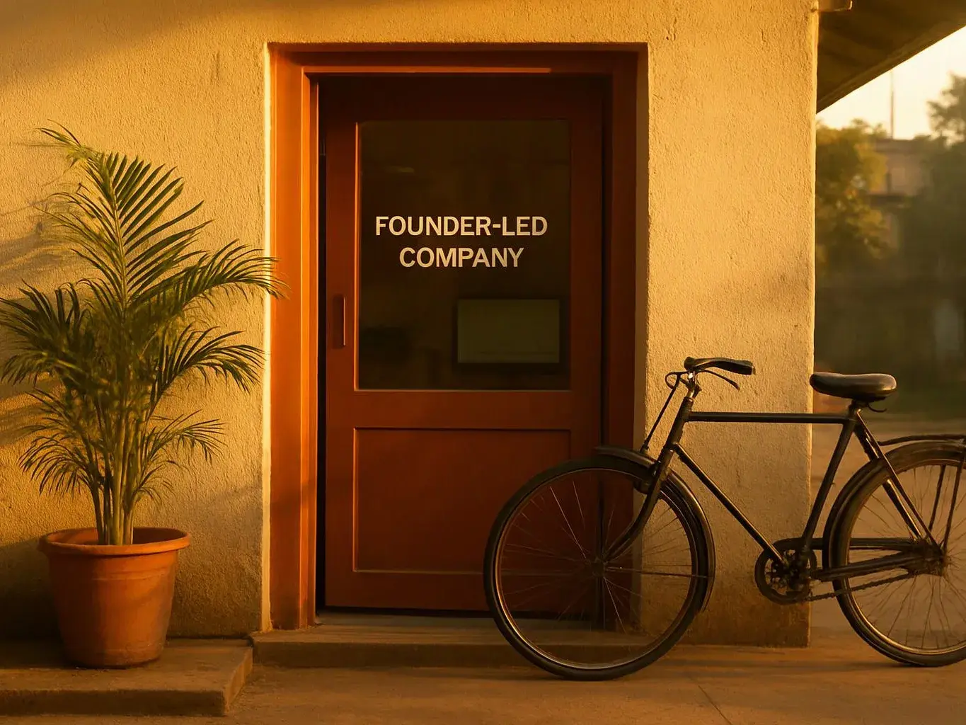 A bicycle rests beside a potted palm near a door labeled “FOUNDER-LED COMPANY”