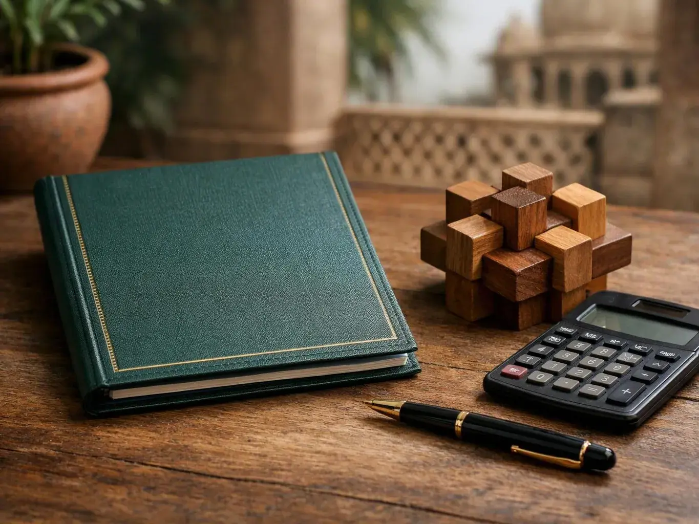A teal hardcover book, wooden puzzle, calculator, and pen rest on a wooden desk