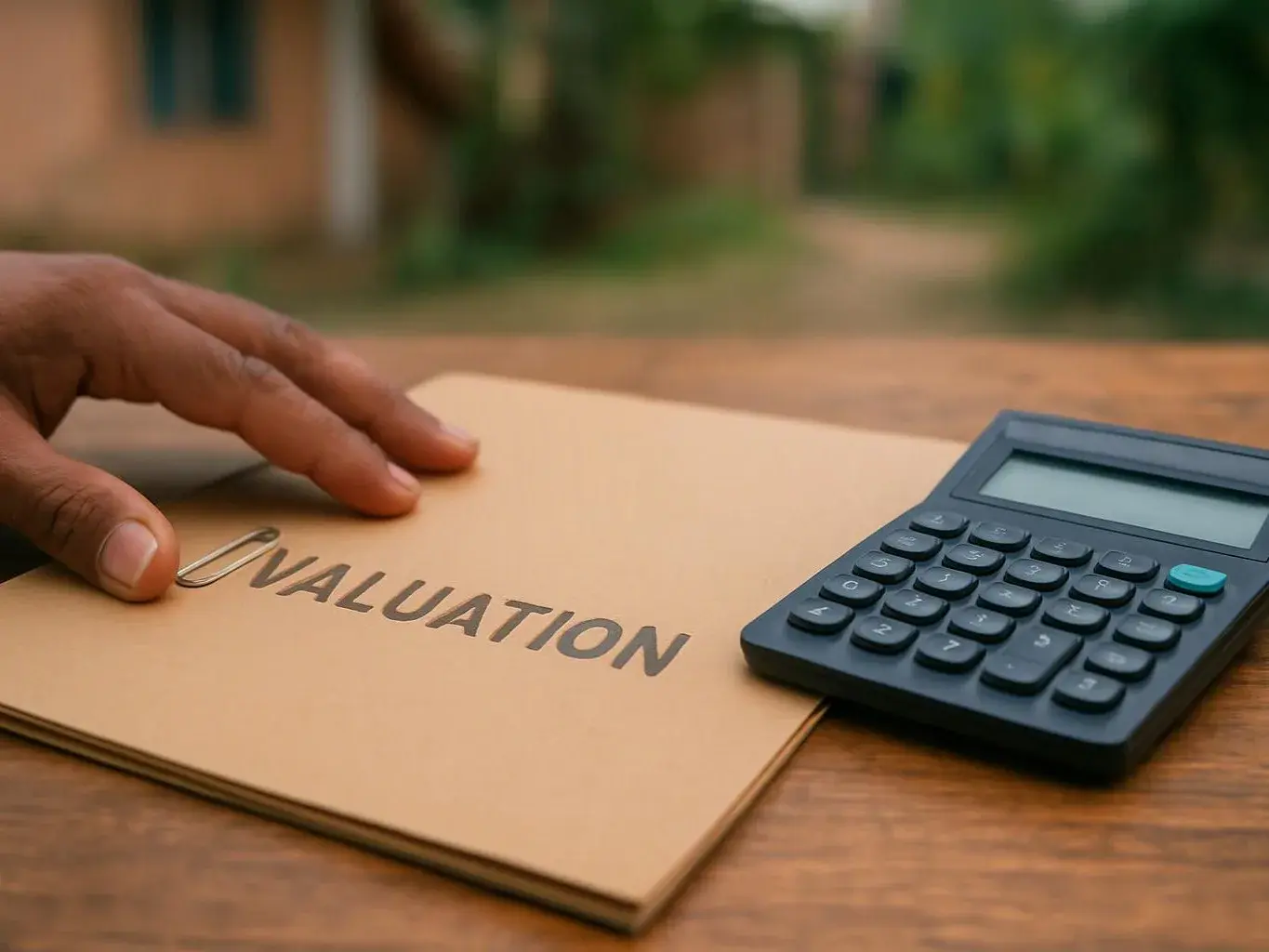 A hand rests on a folder labeled "VALUATION" beside a calculator on a wooden table