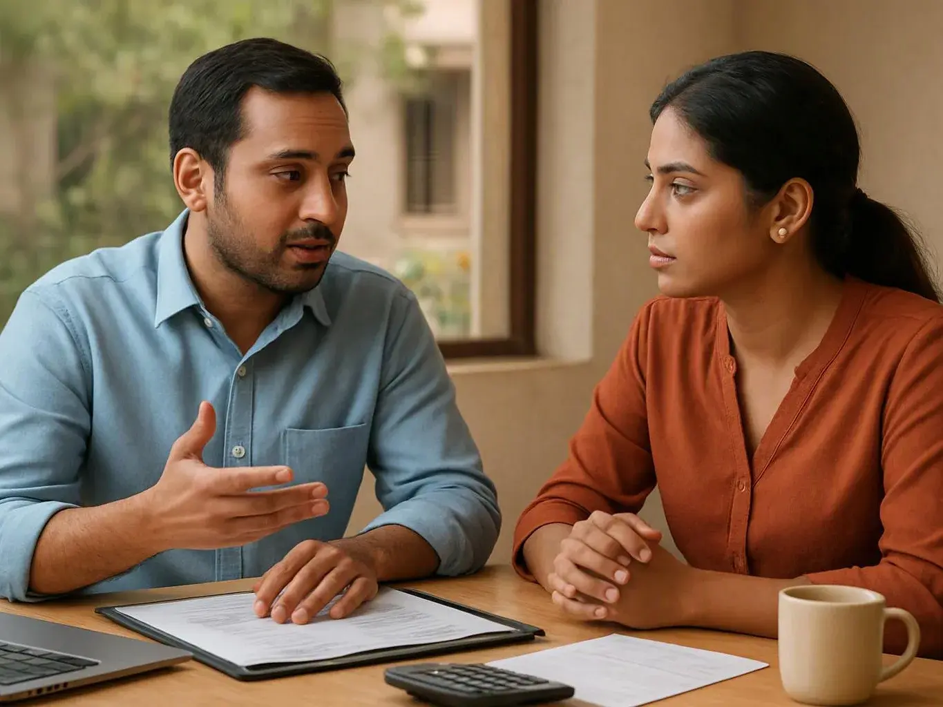 A man explains papers to a woman at a table with a laptop, calculator, and coffee mug