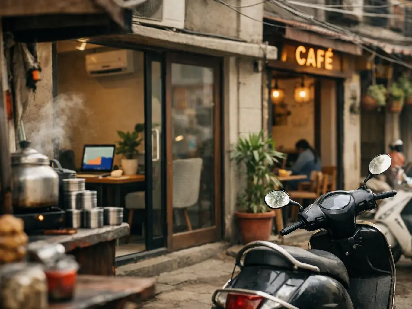 A black scooter is parked outside a small cafe with steam, plants, and a laptop visible inside