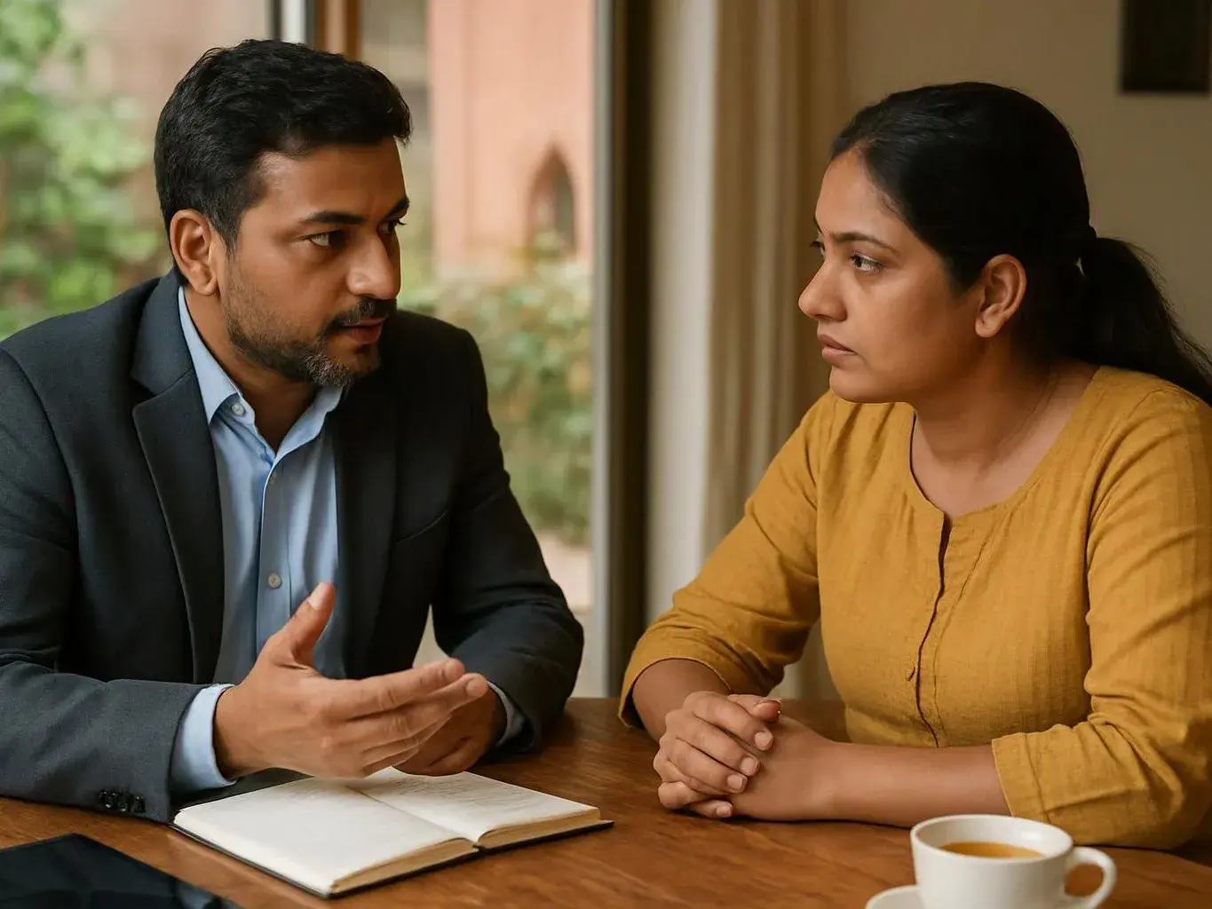 A man in a blazer talks across a table to a woman in a mustard shirt beside a notebook and cup