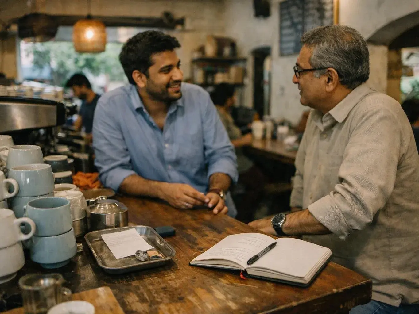 Two men chat at a wooden café counter beside stacked mugs and an open notebook