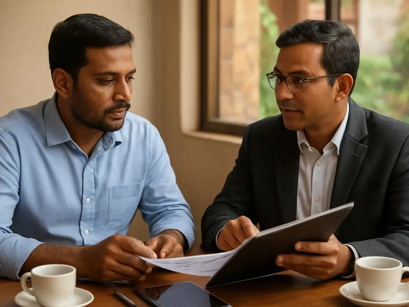Two men sit at a table reviewing papers and a tablet beside two white coffee cups in a bright room
