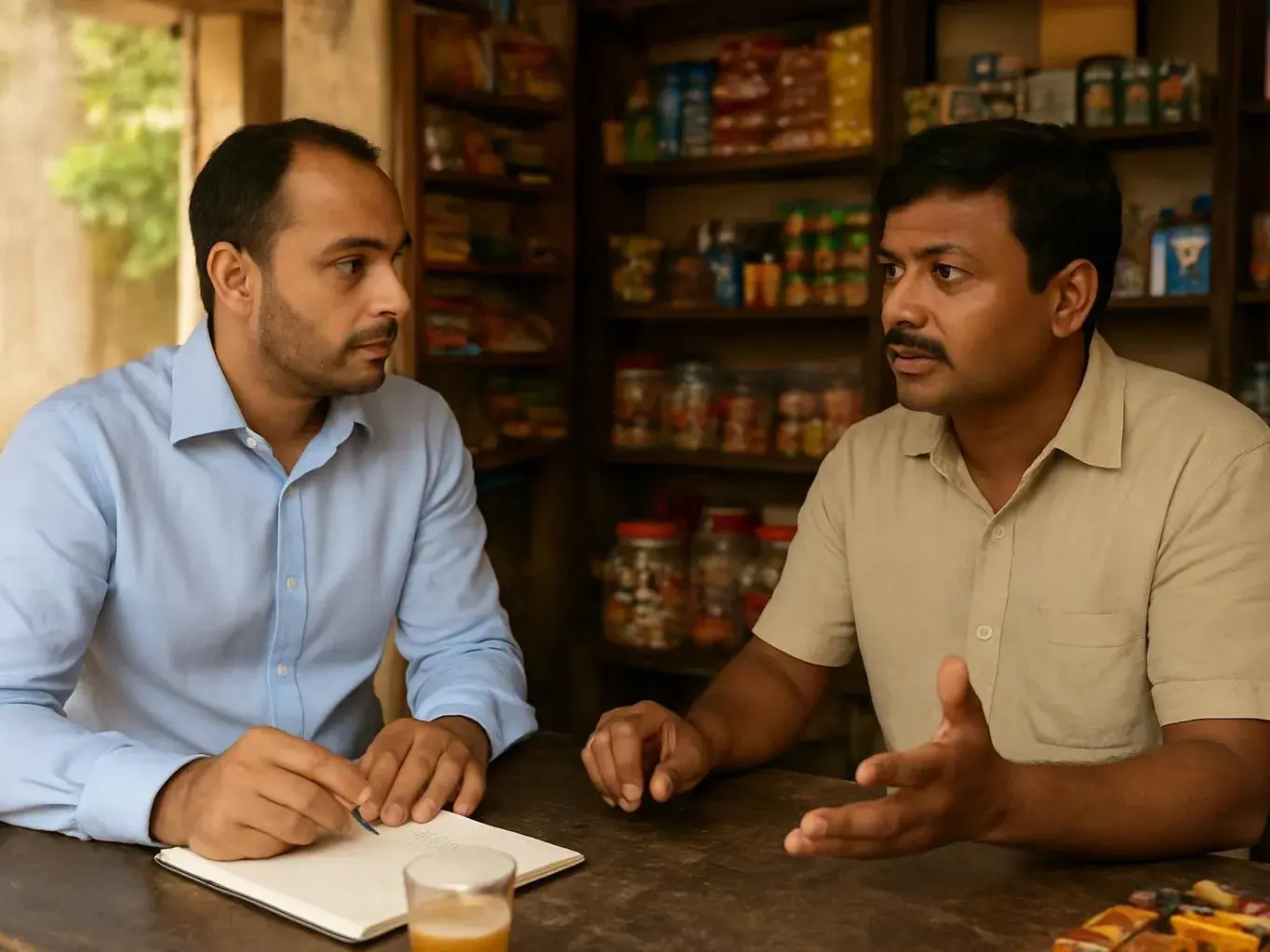 Two men talk across a table in a small shop, one writing in a notebook