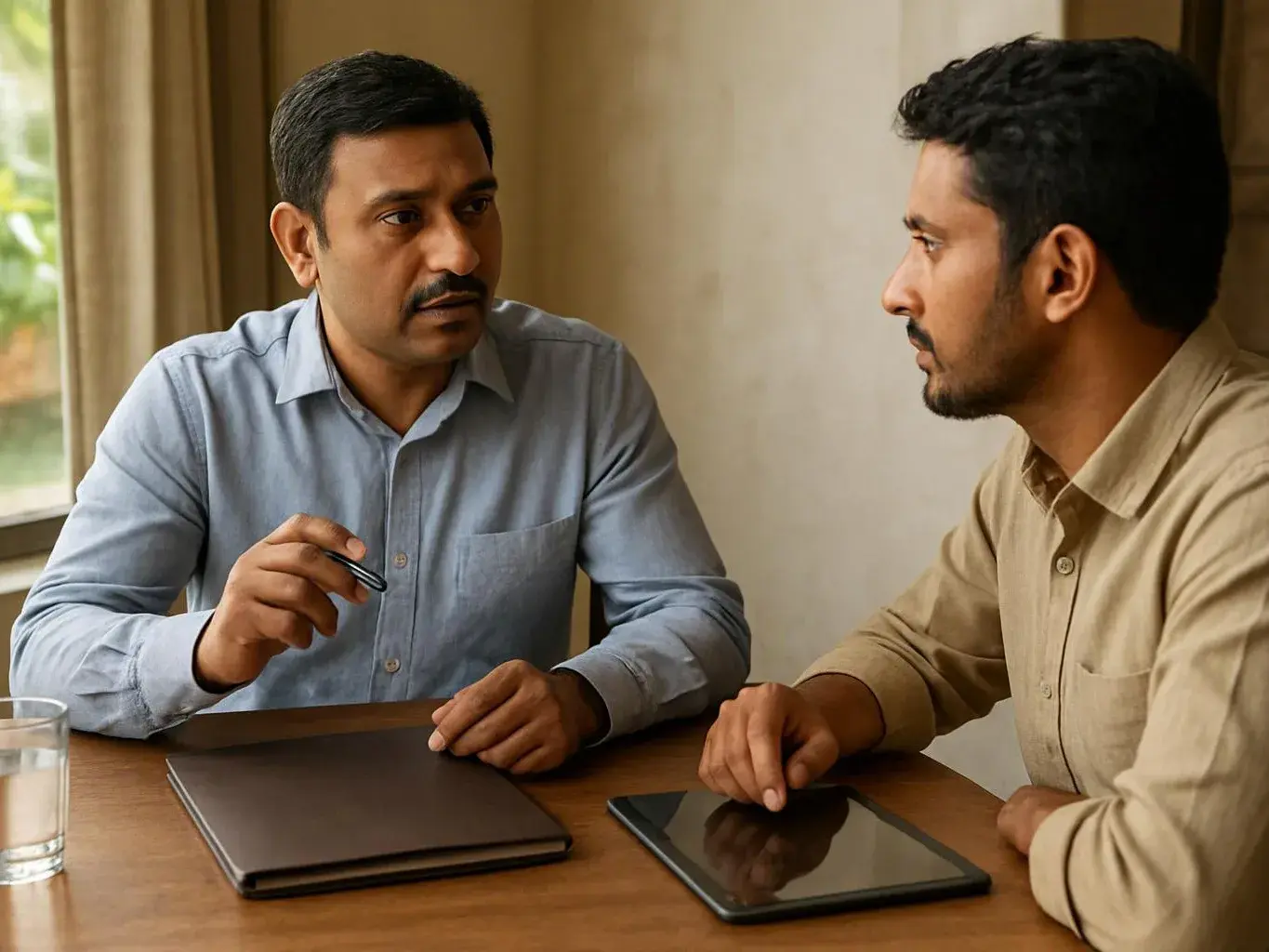 Two men sit at a wooden table, talking over a closed laptop and a tablet in a bright room