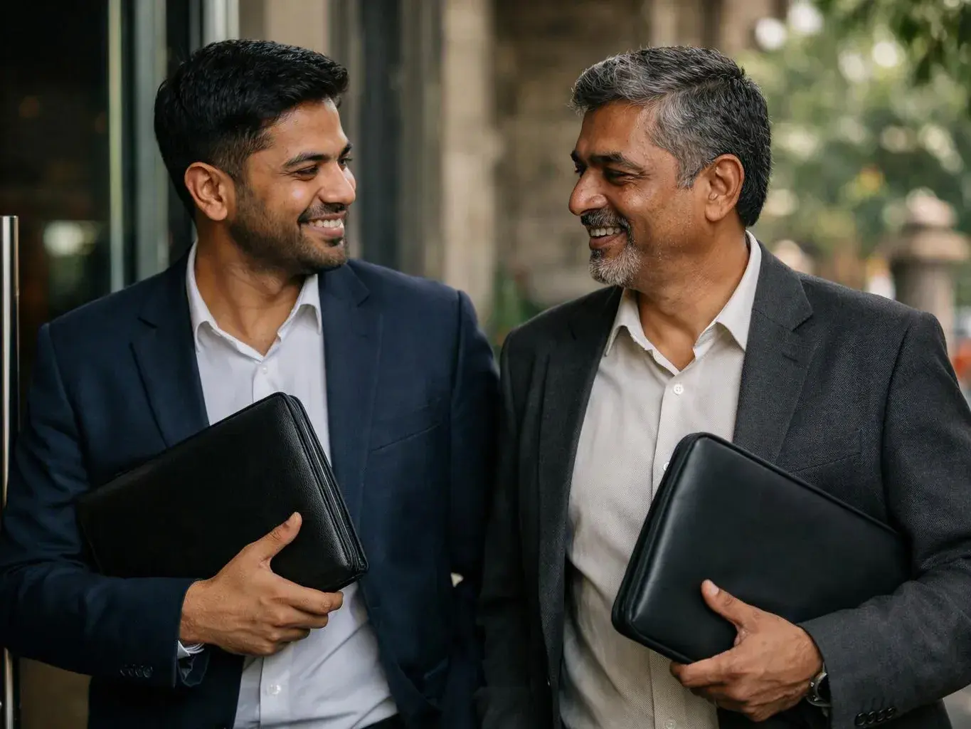 Two men in suits smile at each other while holding black folders outside a building