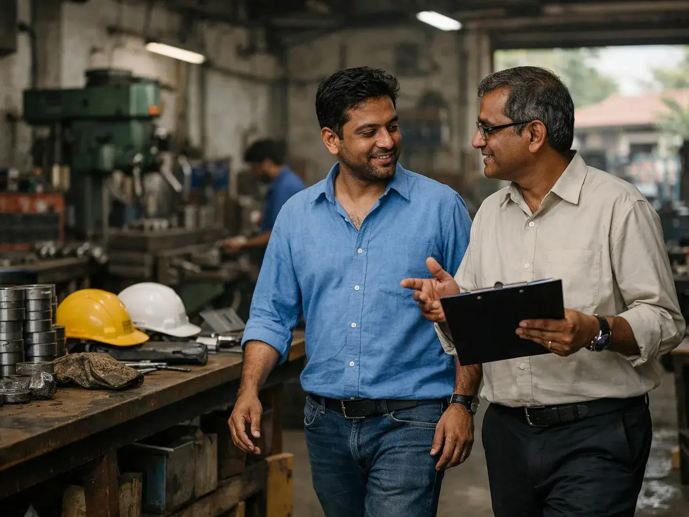 Two men talk in a workshop while one holds a clipboard and the other smiles beside a workbench with hard hats
