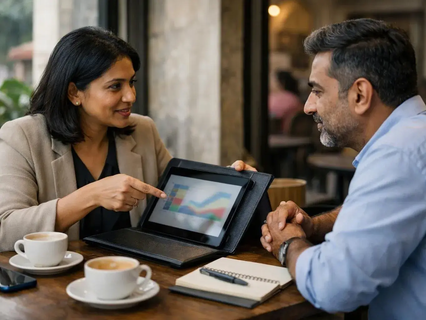Two people discuss a tablet chart at a café table with coffee cups and a notebook